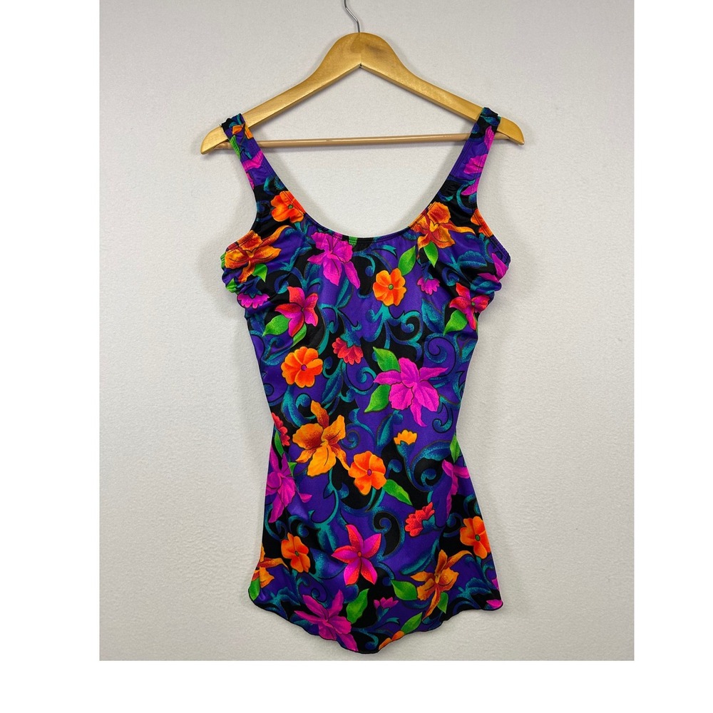 Retro‎ 90s Sunbird Womens 38 Purple Floral Tropical Skirted One Piece Swimsuit
